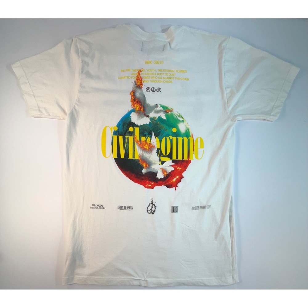 Civil Regime Ashes to Ashes White Graphic T-Shirt Mens Large Streetwear Globe